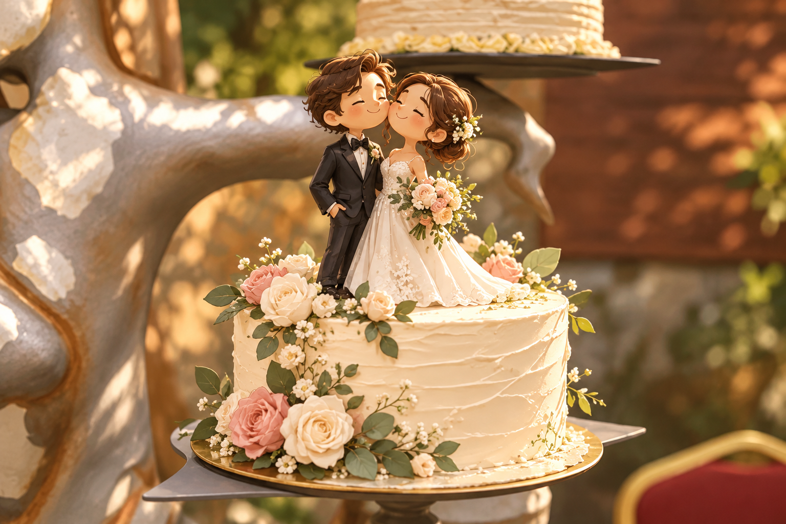 Tarta de boda con novios decorativos y flores.