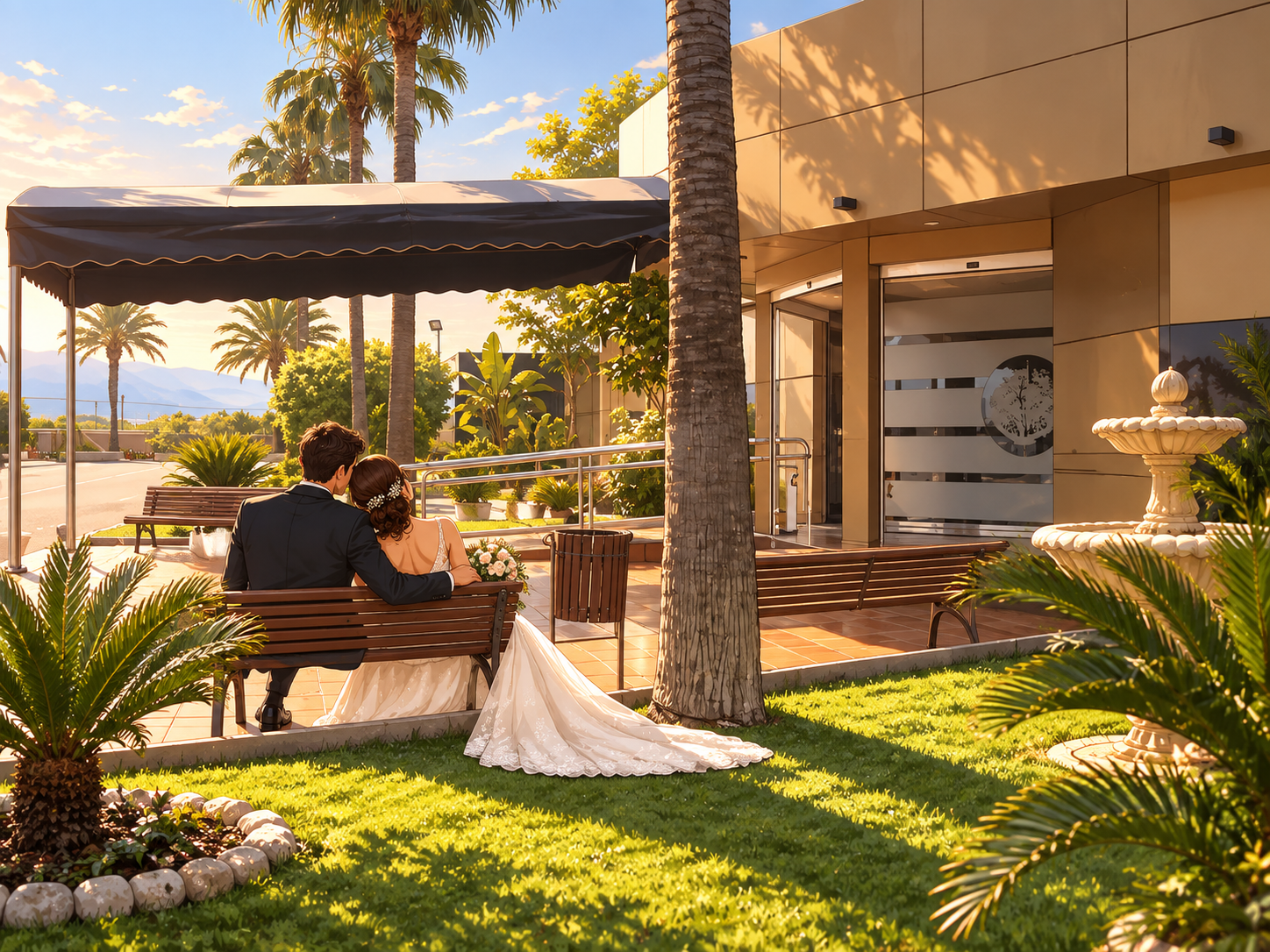 Pareja de novios sentada junto a los jardines del espacio.