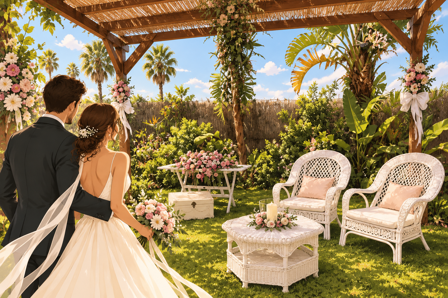 Pareja de novios en los jardines de Saló la Font.