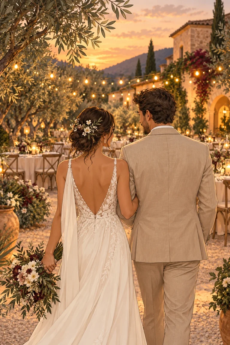Ilustración de una pareja de novios de espaldas en un jardín iluminado con guirnaldas.