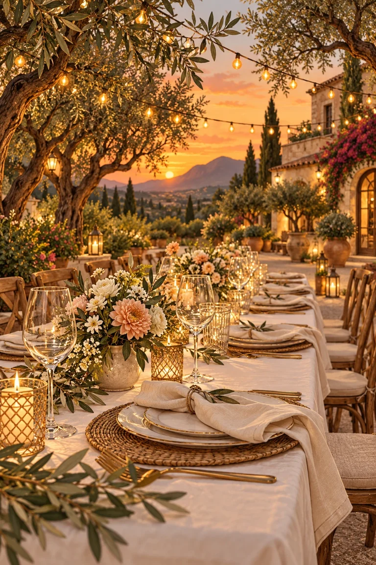 Ilustración de una mesa de celebración con flores, copas y velas bajo los olivos.