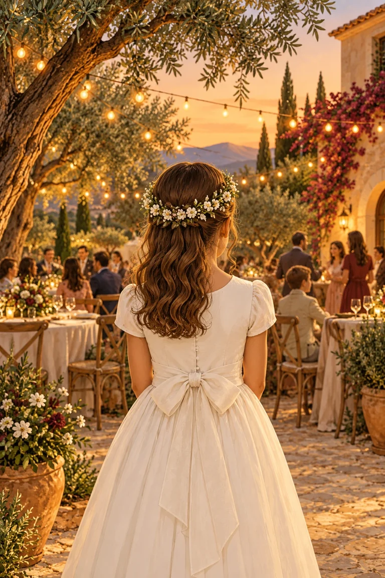 Ilustración de una niña de espaldas con su vestido de comunión en un jardín mediterráneo.