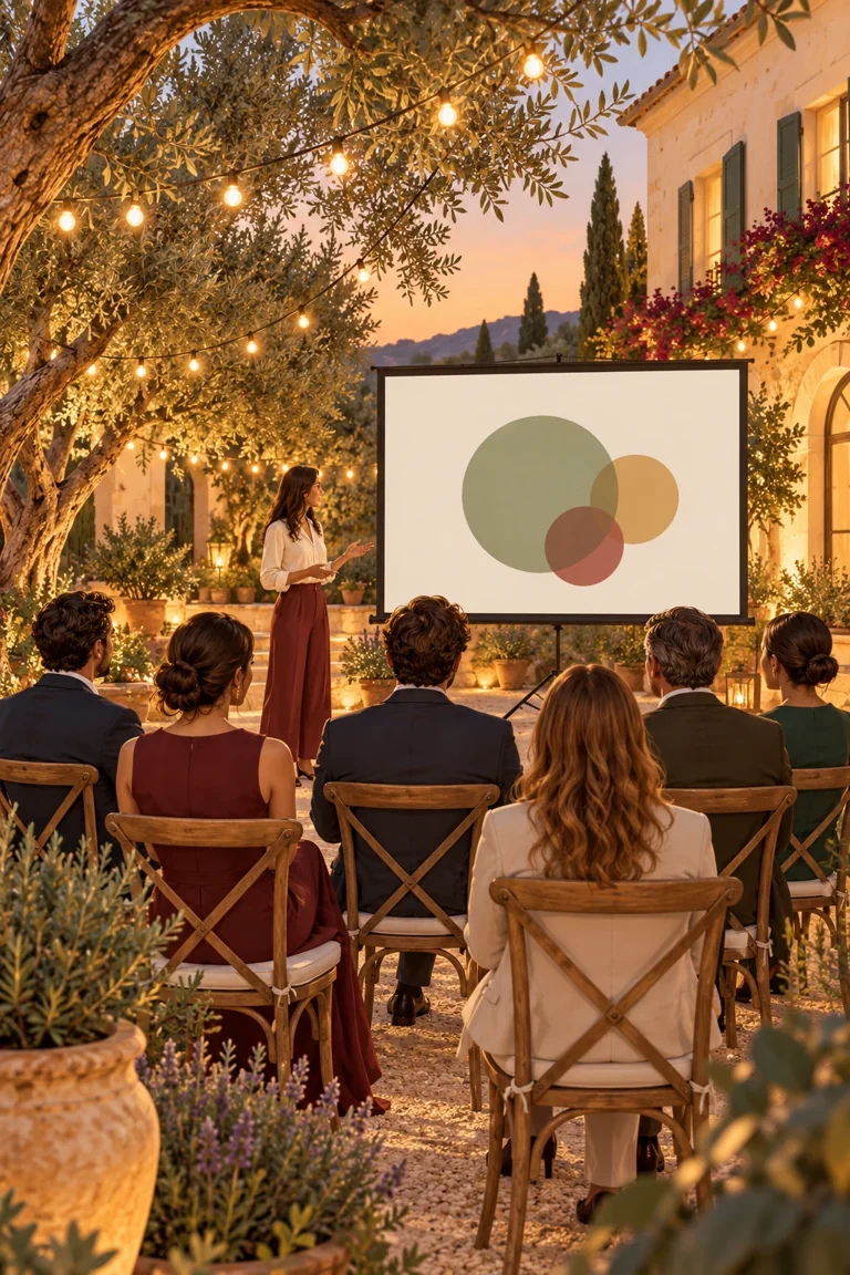 Ilustración de una presentación de empresa en un jardín, con asistentes sentados de espaldas.