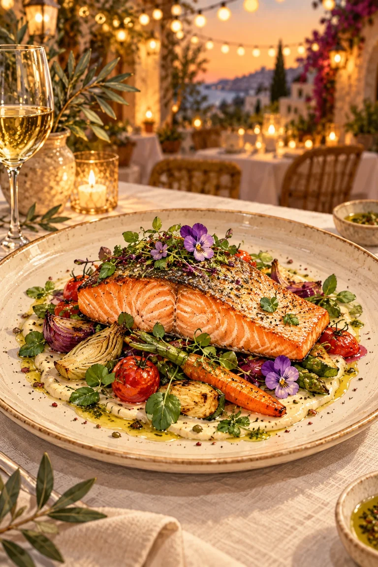 Ilustración de un plato de salmón con verduras y una cuidada presentación.