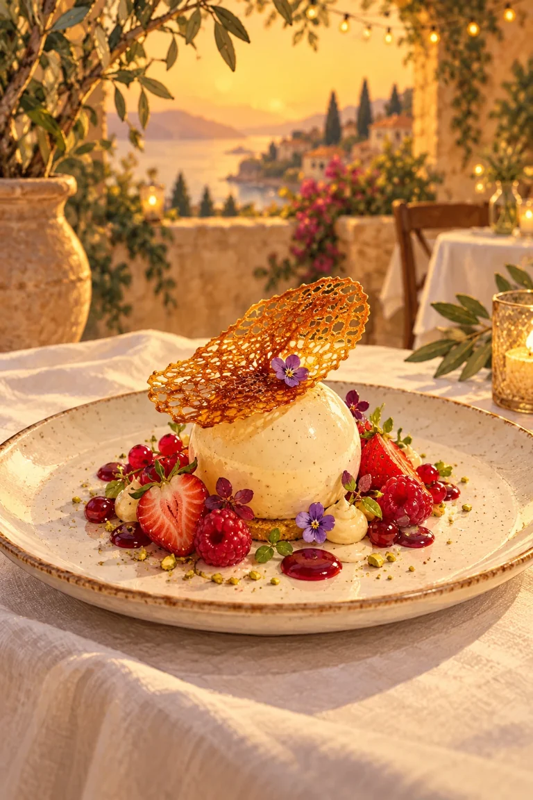 Ilustración de un postre de vainilla con frutos rojos y una teja de caramelo.