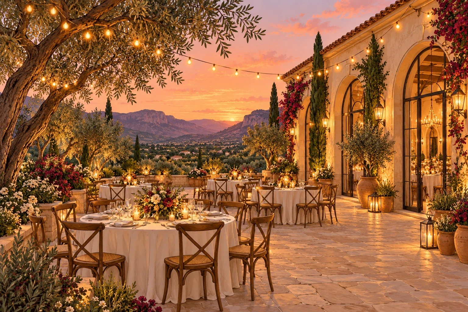 Ilustración de una terraza mediterránea preparada para una celebración al atardecer.